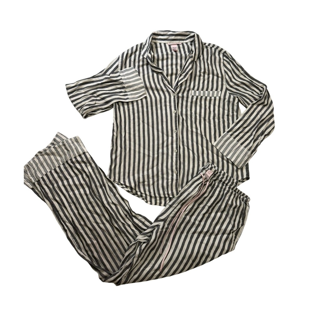 Victorias Secret Pajama Set Medium Grey White Striped Metallic Silver Shimmer M